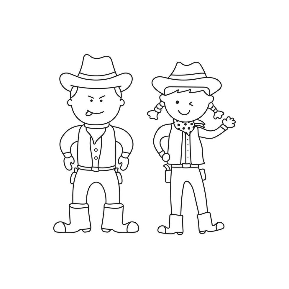 hand dragen barn teckning tecknad serie vektor illustration cowboy och cowgirl tecken ikon isolerat på vit bakgrund