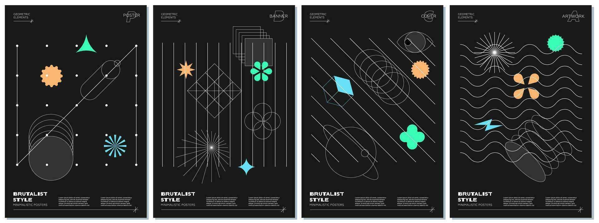 modisch abstrakt Brutalismus Poster einstellen mit Memphis geometrisch Formen auf schwarz Hintergrund. modern Brutalist Stil minimal druckt Design mit einfach Grafik Elemente. brutal y2k drucken Vektor eps Vorlagen