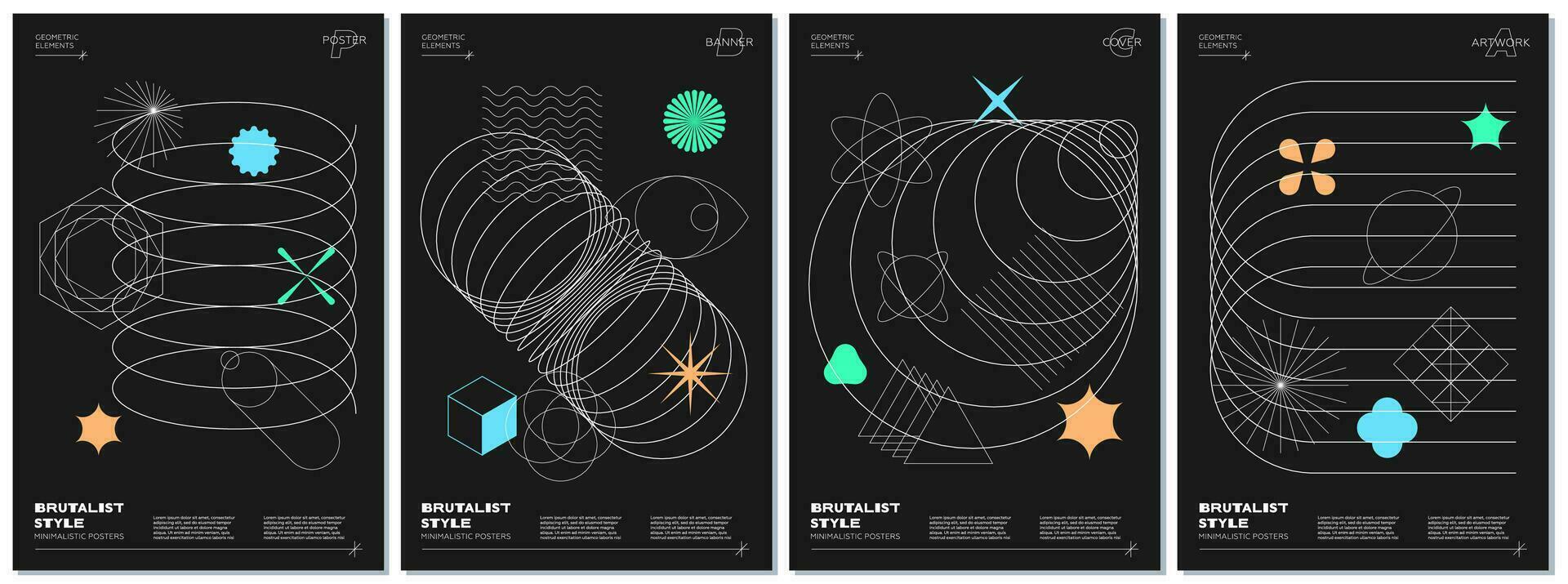 abstrakt Brutalismus Poster einstellen mit Memphis geometrisch Formen auf schwarz Hintergrund. modern Brutalist Stil minimal einfach Grafik Drucke. brutal modisch y2k Plakat Design Vorlage. Vektor eps Vorlage