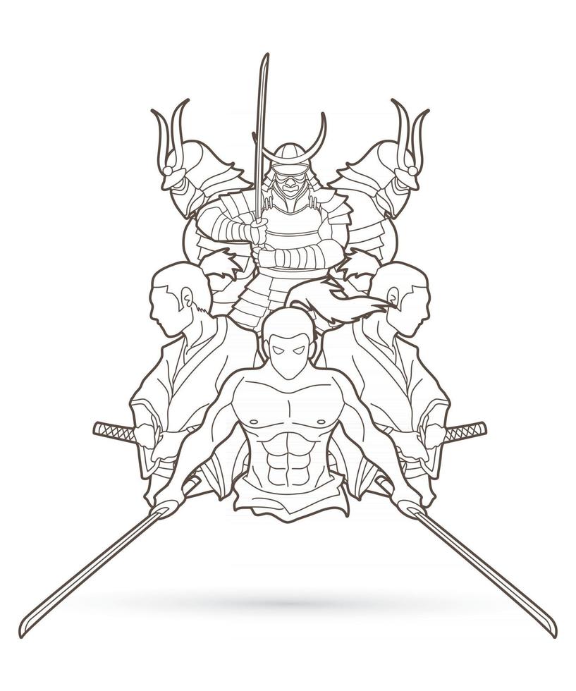 Umrissgruppe von Samurai-Krieger-Vektoren vektor