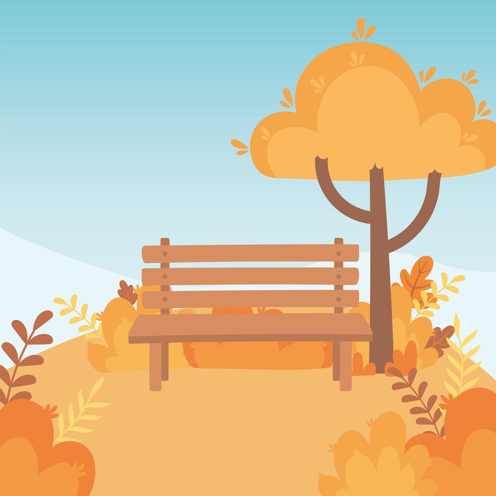 landskap på hösten natur scen, bänk park träd lämnar berg vektor