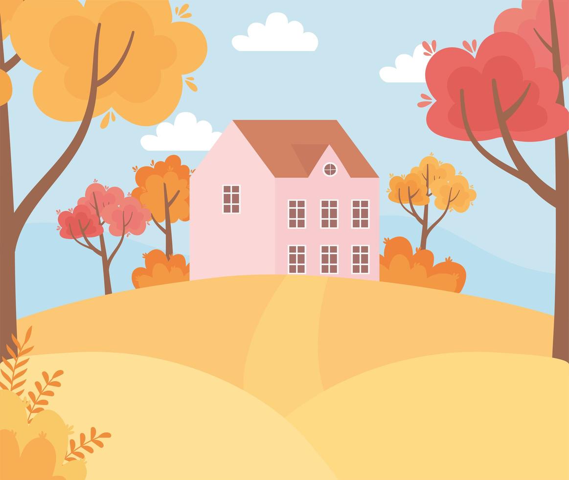 landskap på hösten natur scen, hus i kullen gångväg träd lämnar vektor