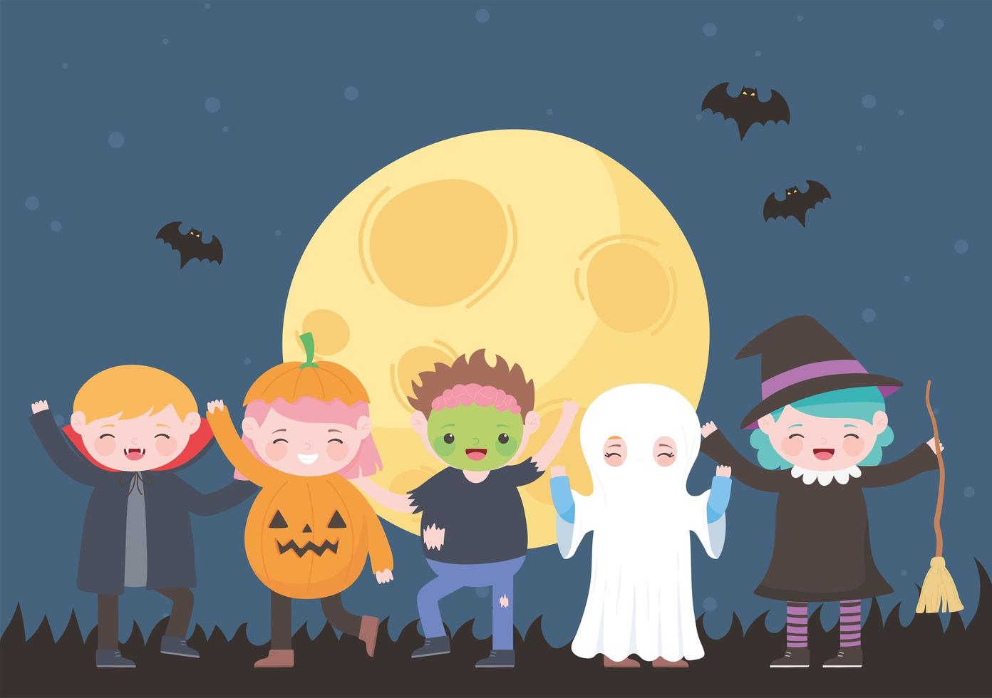 Fröhliches Halloween, Kostümfiguren Mama Kürbis Geist Dracula Hexe Zombie, Süßes oder Saures, Partyfeier vektor