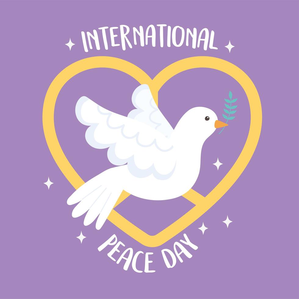 Internationaler Friedenstag fliegende Taube mit Zweig im Schnabelemblem vektor
