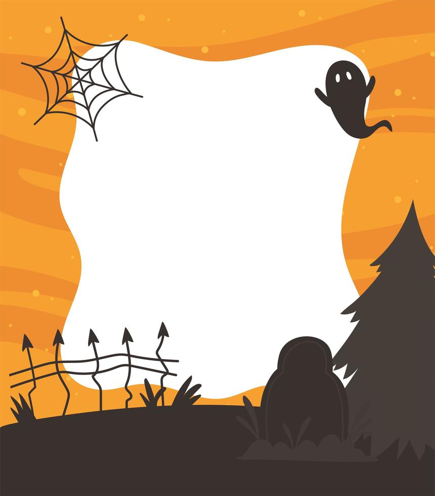 Happy Halloween, Ghost Tombstone Zaun Web Tree Night Süßes oder Saures Partybanner vektor