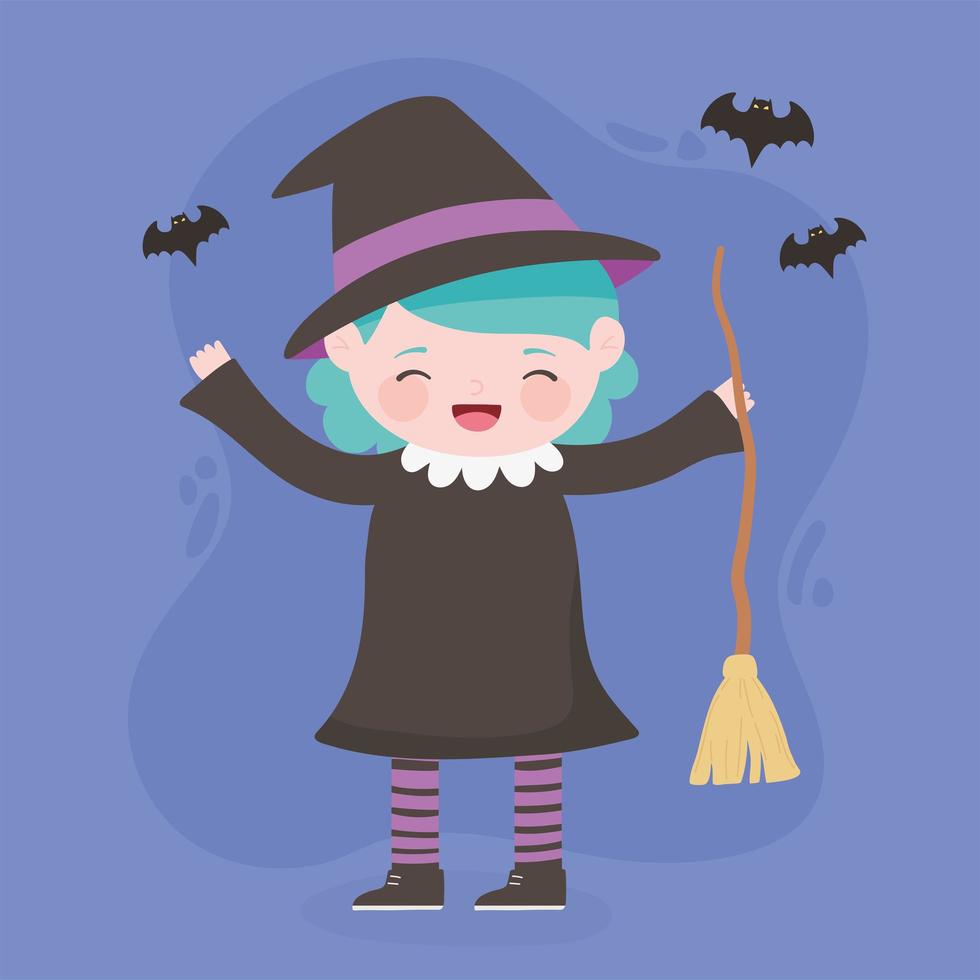glad halloween, kostym karaktär flicka häxa med kvast och fladdermöss, trick or treat, fest firande vektor