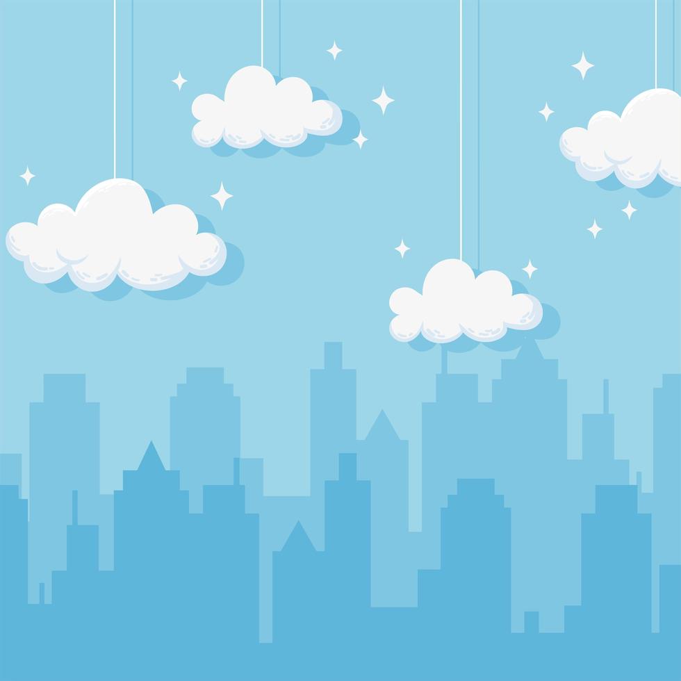 stadsbilden hängande moln star s scen blå bakgrund vektor