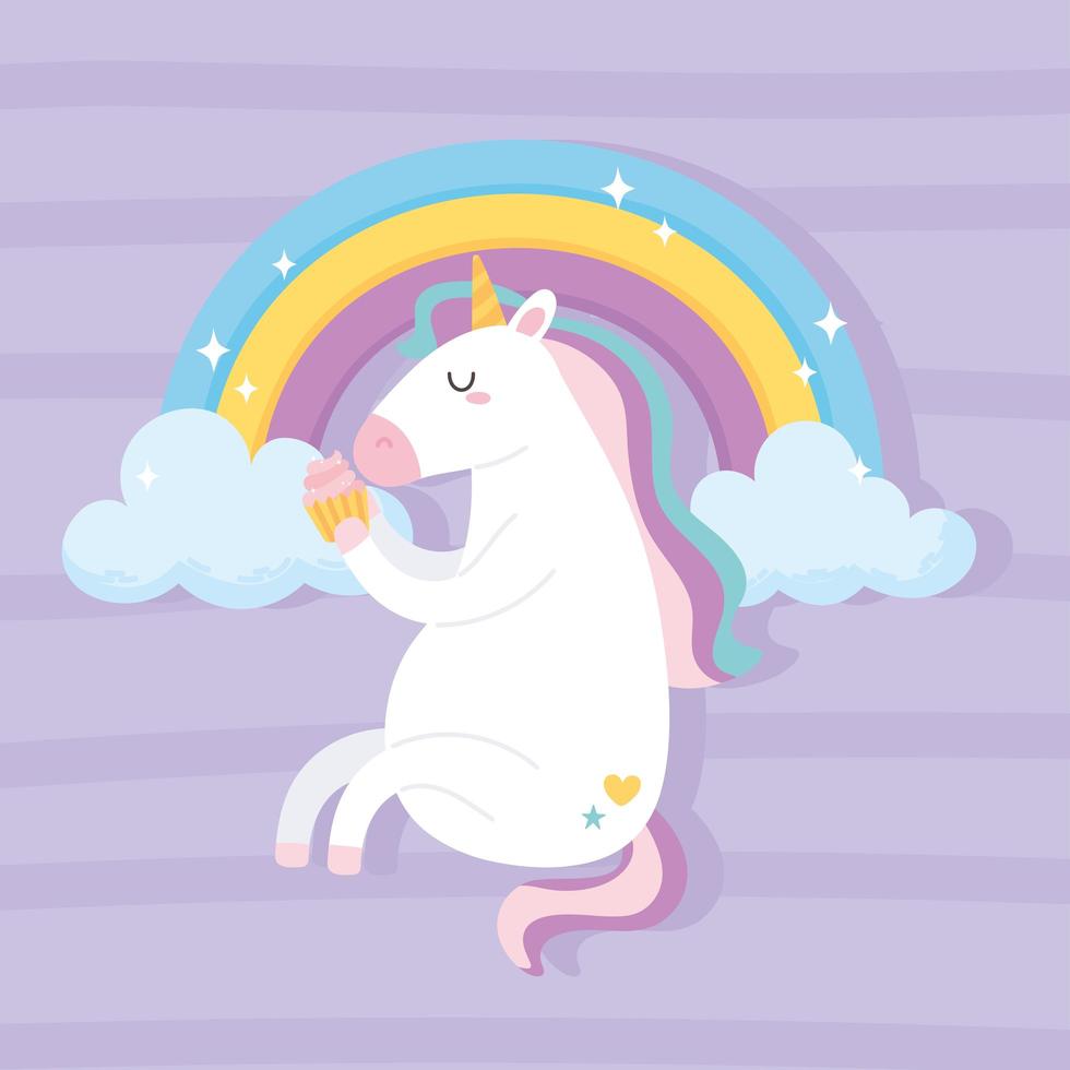 söt magisk enhörning som sitter med god cupcake regnbåge moln djur tecknad vektor