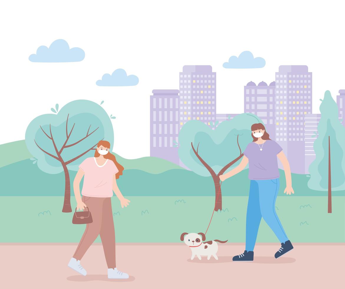Menschen mit medizinischer Gesichtsmaske, Frauen, die mit Haustieren Hund gehen, Stadtaktivität während des Coronavirus vektor