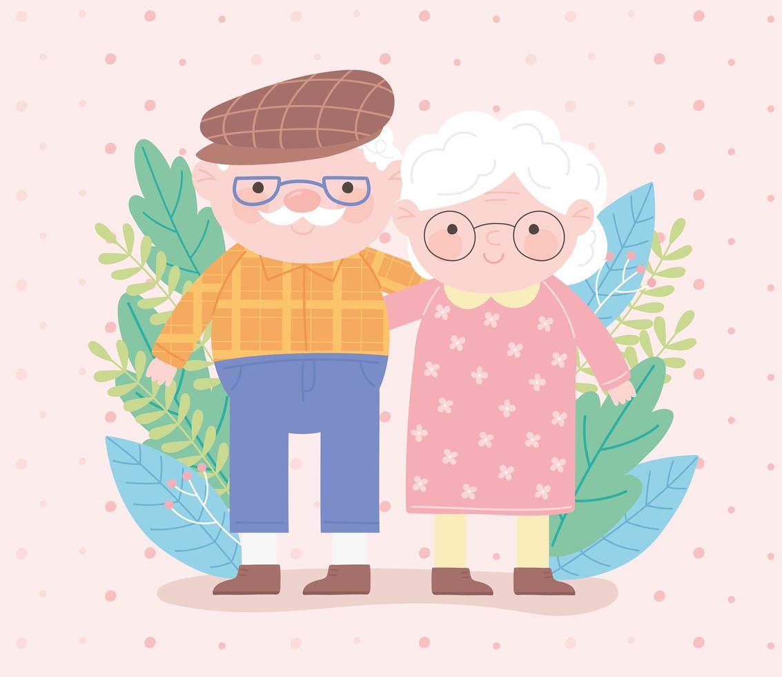 Alles Gute zum Tag der Großeltern, altes Ehepaar mit Brille und Blättern mit Naturcharakter-Cartoon-Karte vektor