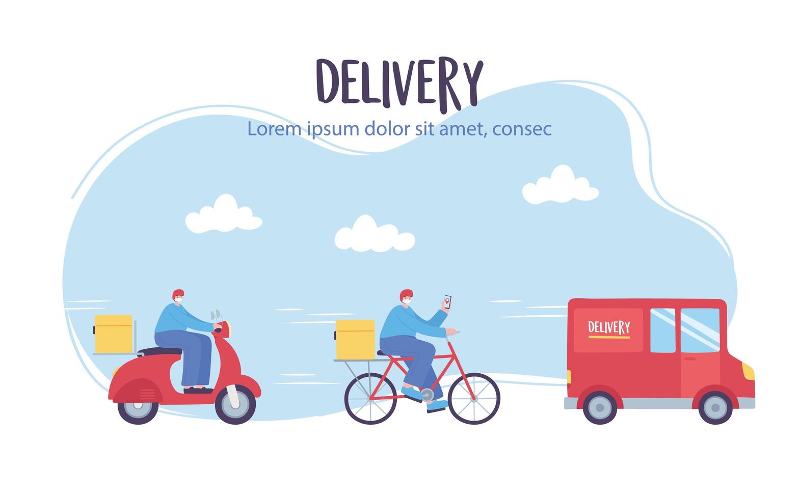 online leveransservice, man i skotercykel och lastbil, snabb och gratis transport, beställ frakt vektor