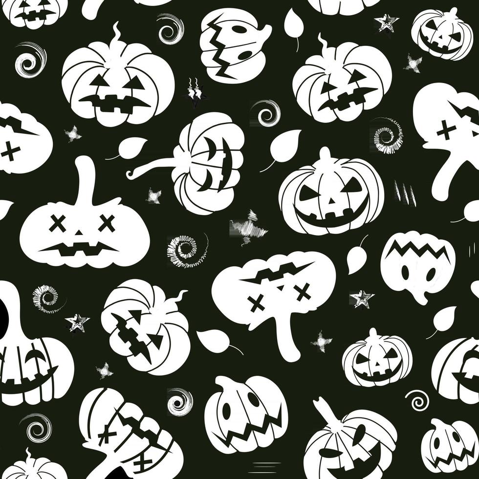 sömlösa mönster av vita silhuetter av pumpor och blad, klotter på en svart bakgrund. halloween mönster. vektor illustration. design för pappersprodukter, textilier, tryckning, banderoller