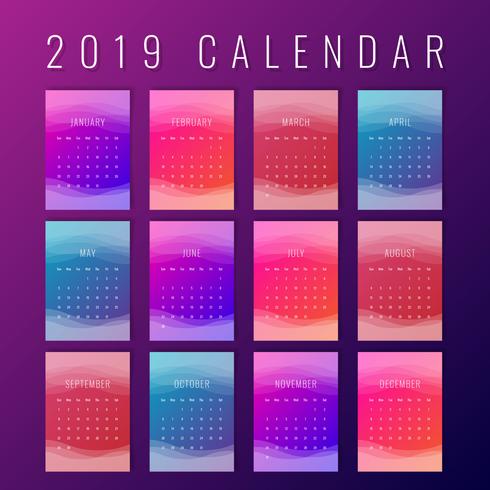 Kalender 2019 Färgrika skrivbara kreativa mallar vektor