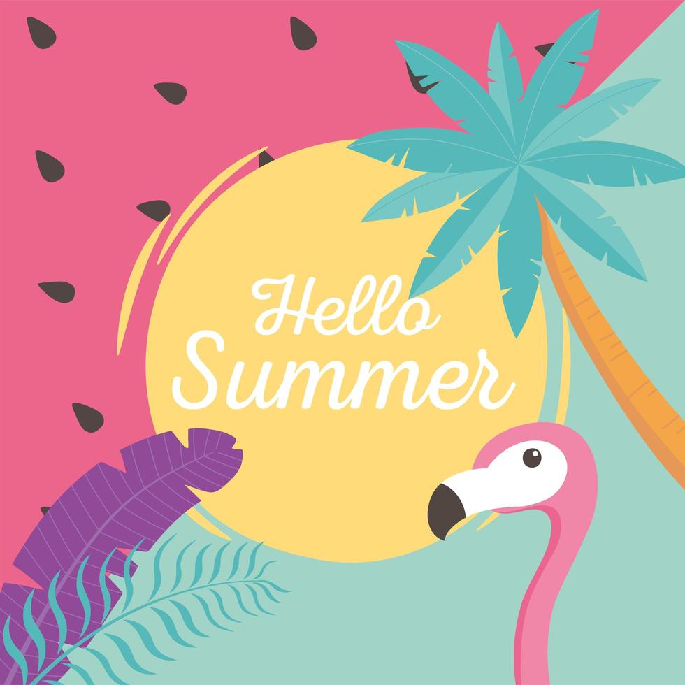 Flamingovogel mit exotischen tropischen Palmblättern, hallo Sommerbeschriftung vektor