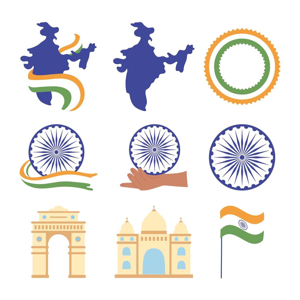 glad självständighetsdagen Indien, karta flagga landmärke berömda monument hjul ikoner set vektor