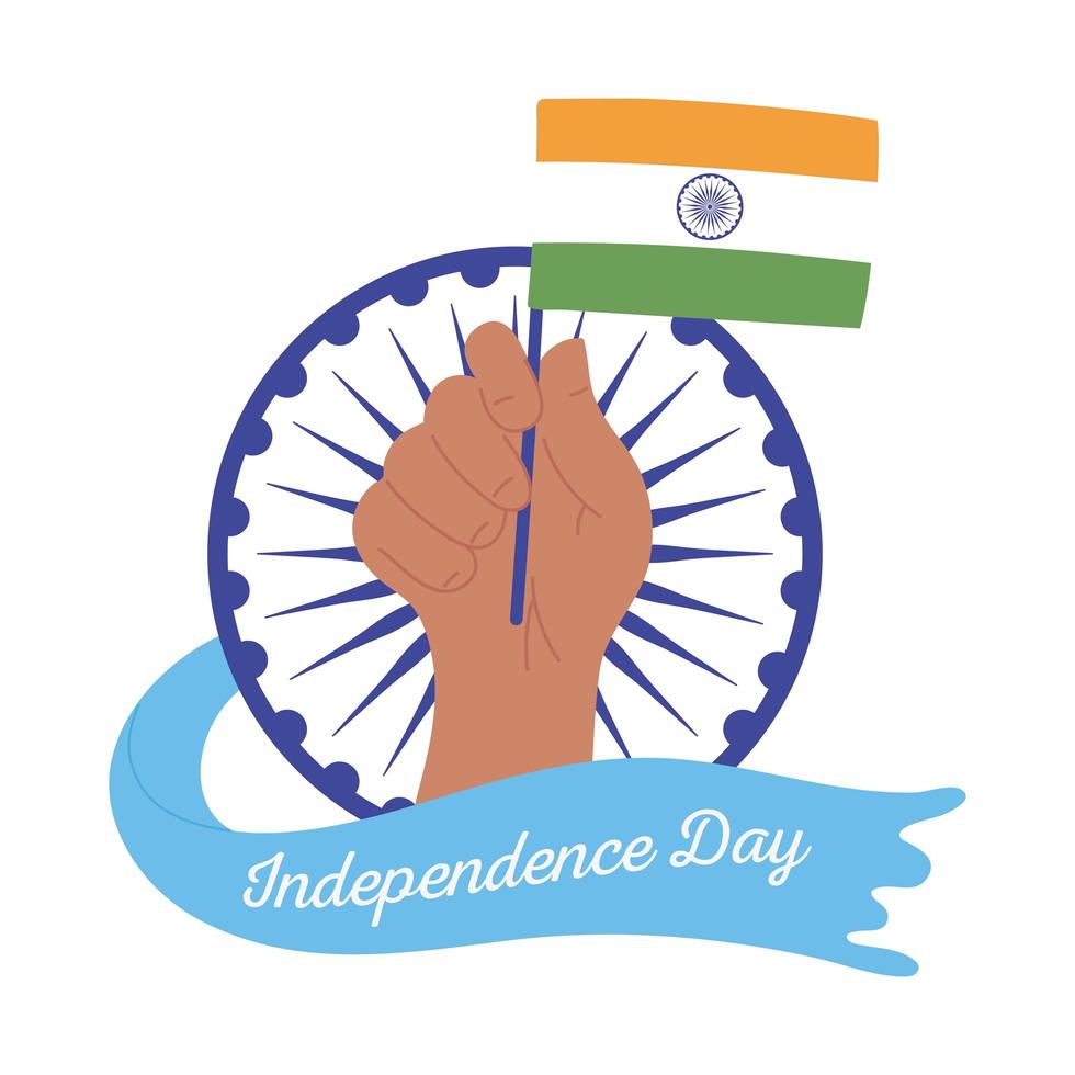 Happy Independence Day Indien, erhobene Hand mit Flaggen- und Raddesign vektor
