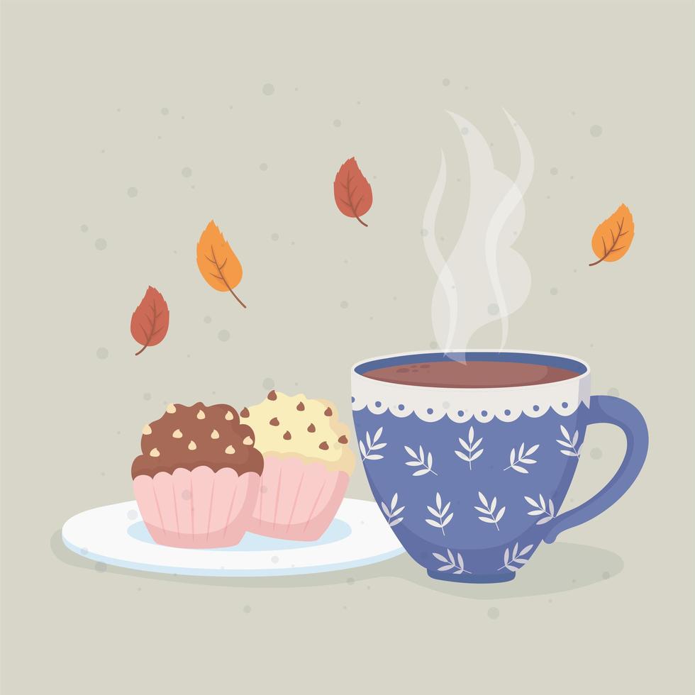 Kaffeezeit und Teetasse mit heißer Flüssigkeit und süßen Cupcakes vektor