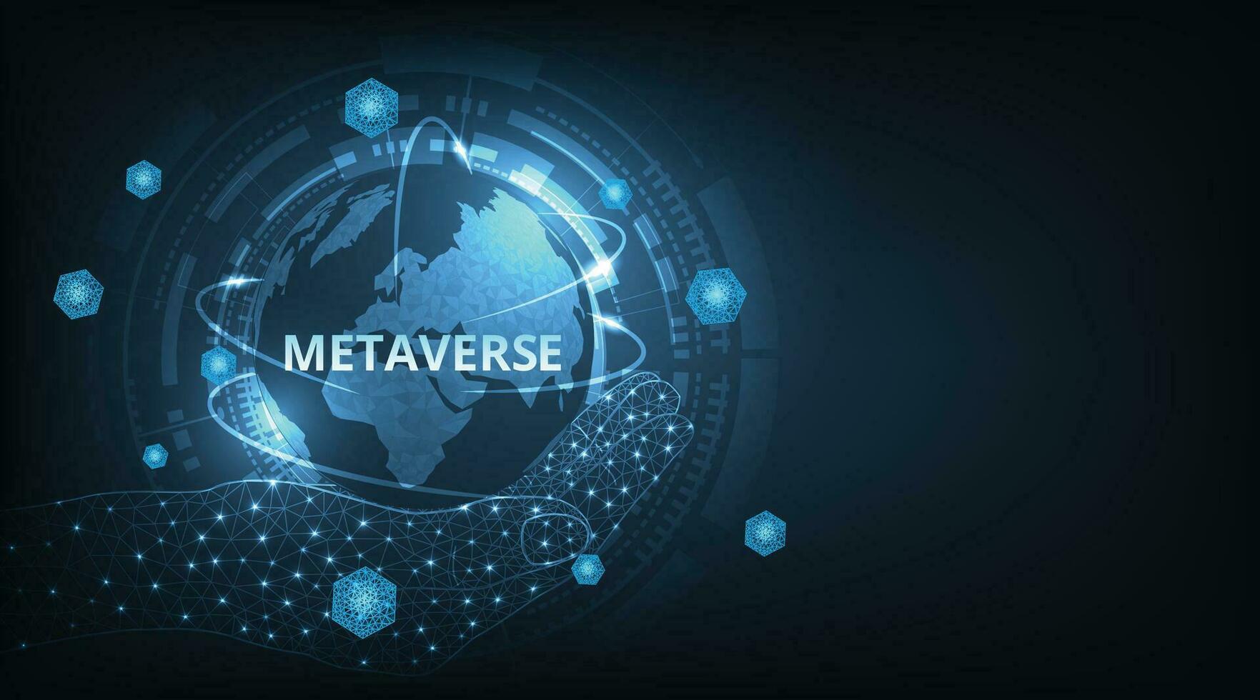 Konzept von Metaverse Technologie mit Blockchain Netzwerk verbinden auf dunkel Blau Hintergrund. vektor