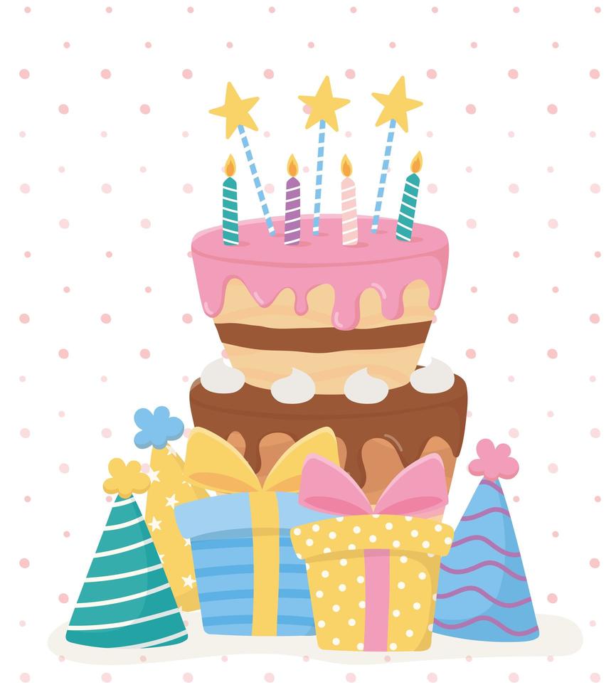 Alles Gute zum Geburtstag, Kuchen Kerzen Sterne Geschenke Hüte Party Feier vektor