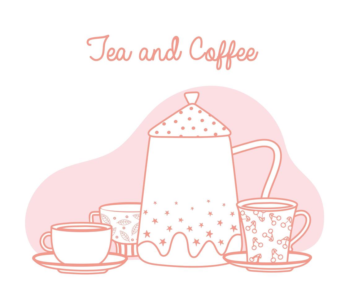 Tee- und Kaffeekocher mit dekorativen Getränkebechern, Linienstil vektor