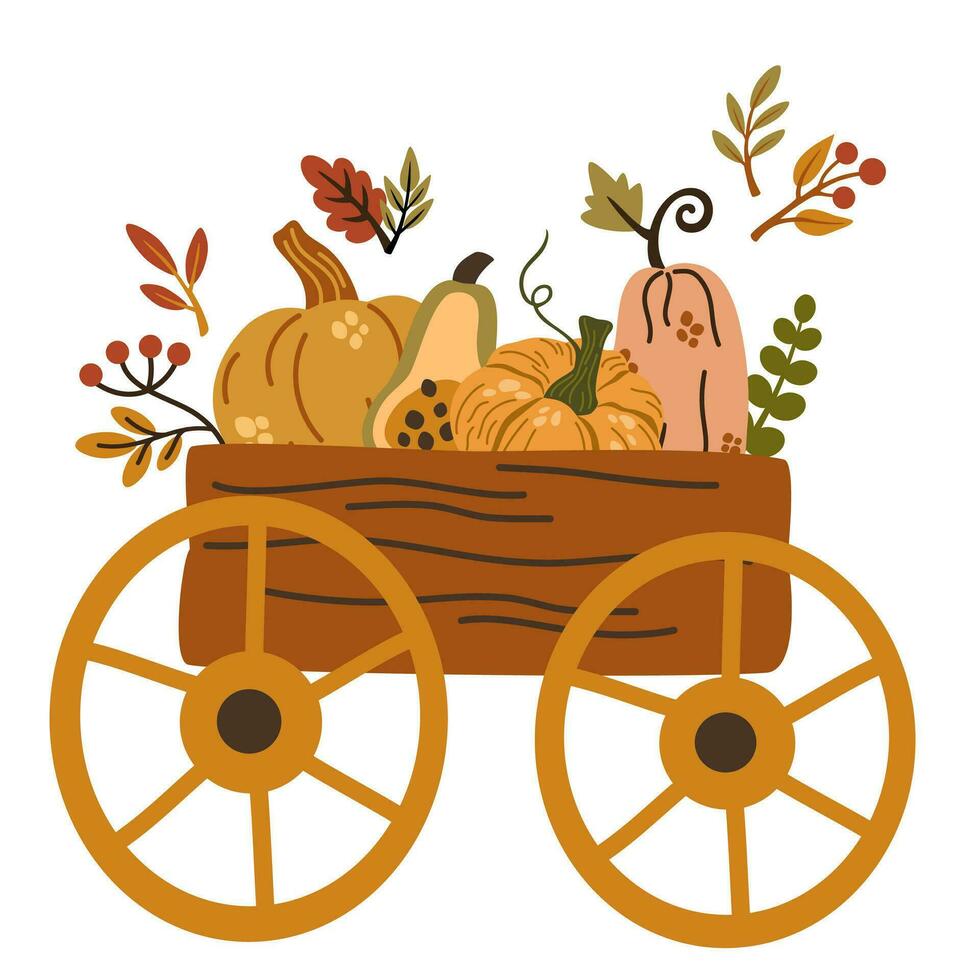 Wagen mit Herbst Ernte. hölzern Bauernhof Wagen mit Blätter und Kürbisse. Komposition zum ein Poster oder Postkarte. Ernte Festival. frisch organisch Produkte von lokal Bauern Markt. Vektor Illustration