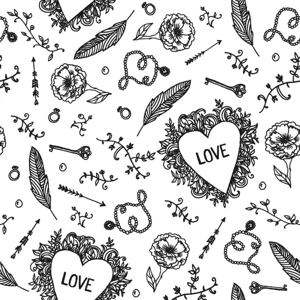 vektor årgång romantisk hand dragen sömlös mönster. hjärtan, kärlek, blommor, nycklar svart och vit bakgrund.