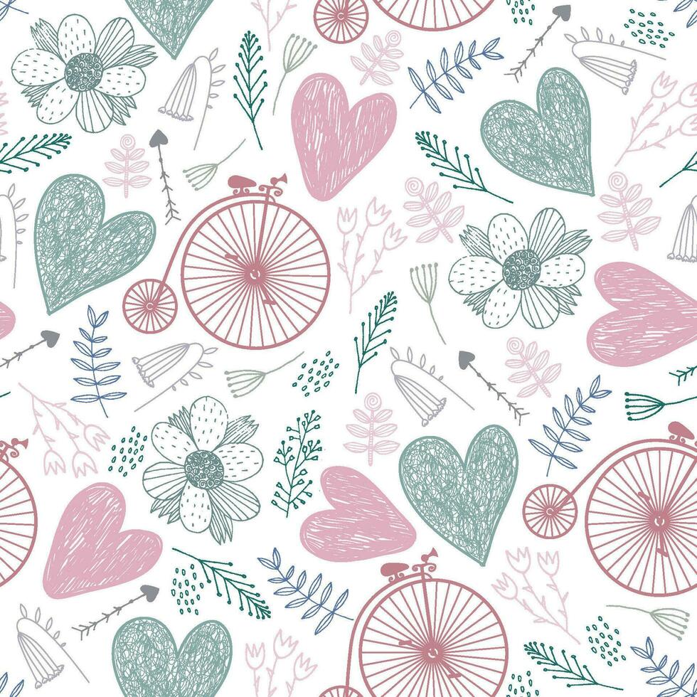 Vektor nahtlos romantisch Muster. Herzen, Blumen, Jahrgang Fahrräder Frühling, Sommer, Hochzeit Hintergrund.
