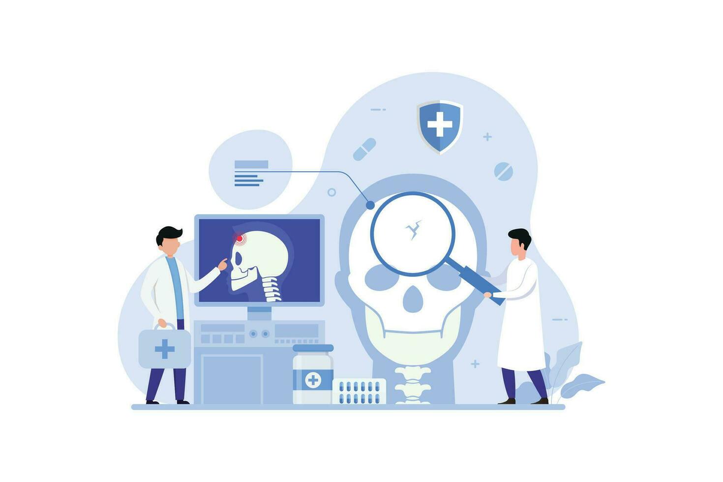 Untersuchung von Schädel Frakturen mit Röntgenstrahlen Illustration Konzept vektor