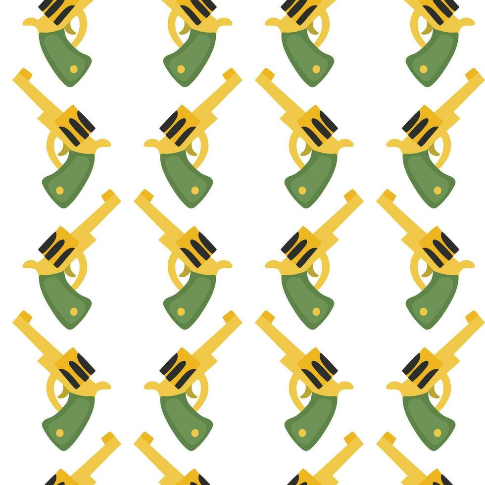 sömlös mönster med upprepa revolvrar i tecknad serie stil på en vit bakgrund. grön gul Färg schema. cowboy tema, Västra, vild väster. förpackning utskrift vektor