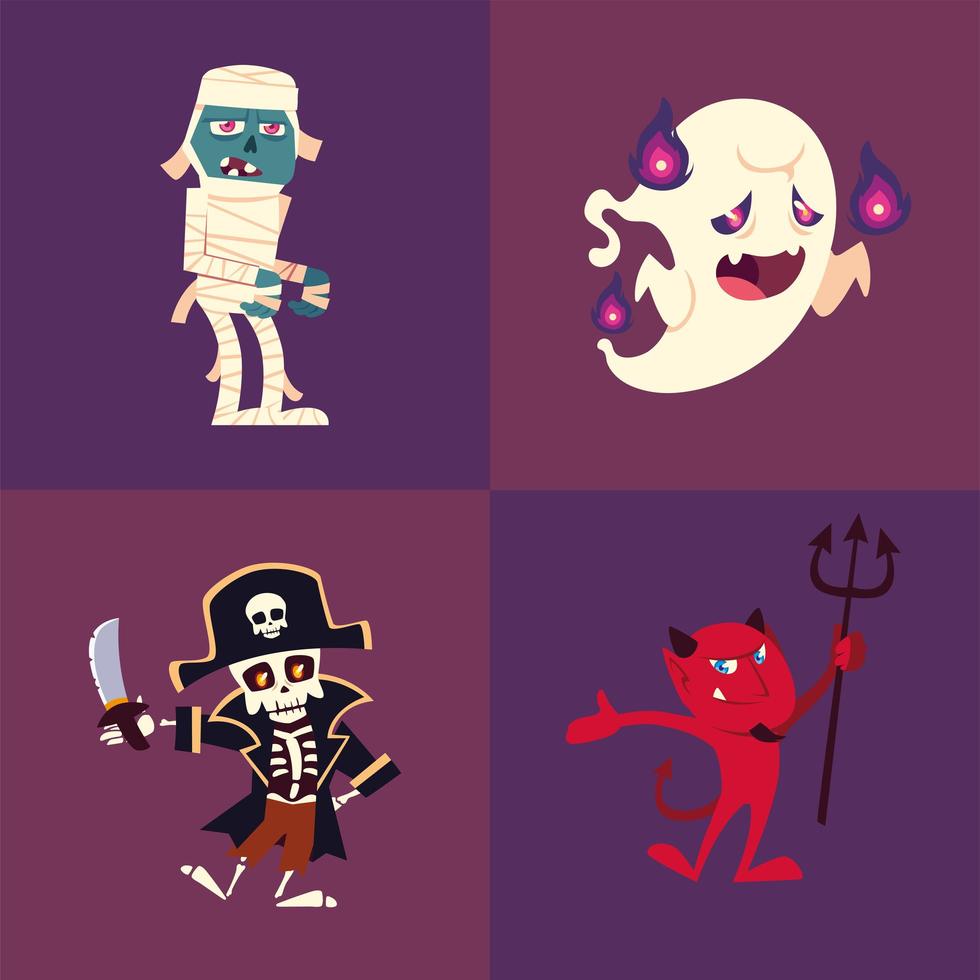 Satz von Symbolen Halloween mit Mumie, Geist, Skelett und Teufel vektor