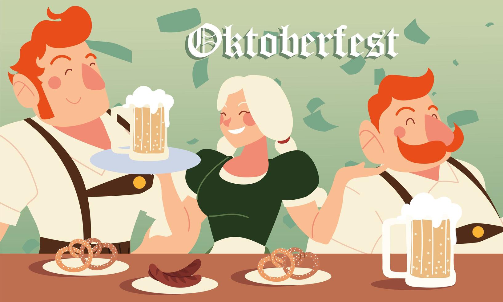 oktoberfest männer und frau mit bierwürstchen und brezeln vektordesign vektor