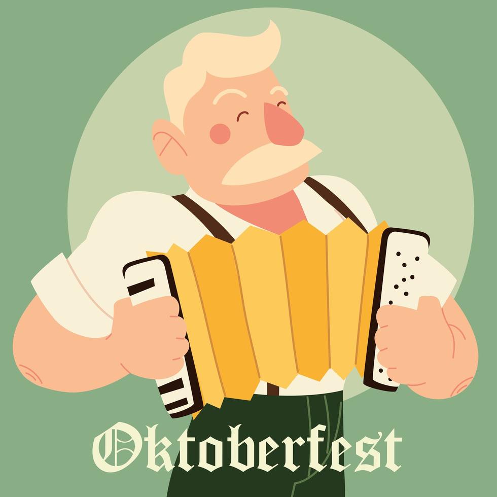 Oktoberfest-Mann-Cartoon mit traditionellem Stoff- und Akkordeonvektordesign vektor