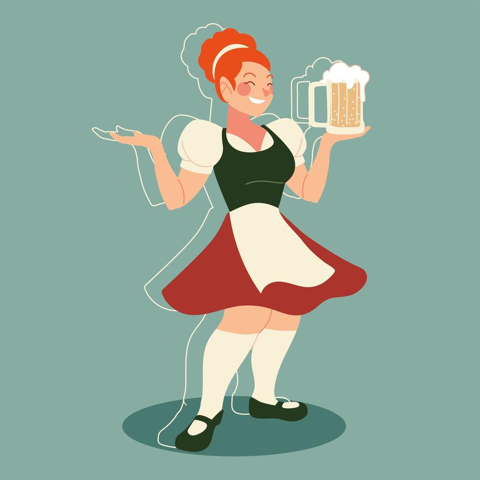 Oktoberfestfrauenkarikatur mit traditionellem Tuch- und Biervektordesign be vektor