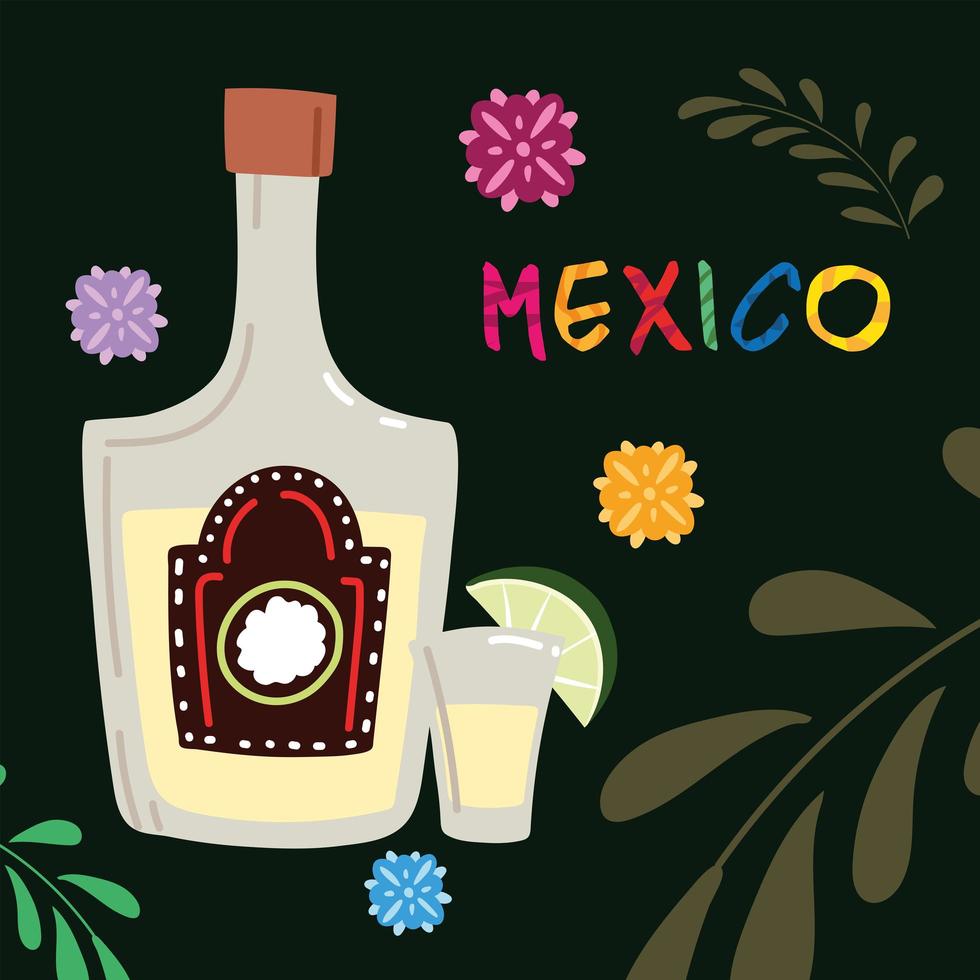 Mexiko-Etikett mit Tequila-Flasche, traditionelles mexikanisches Getränk vektor