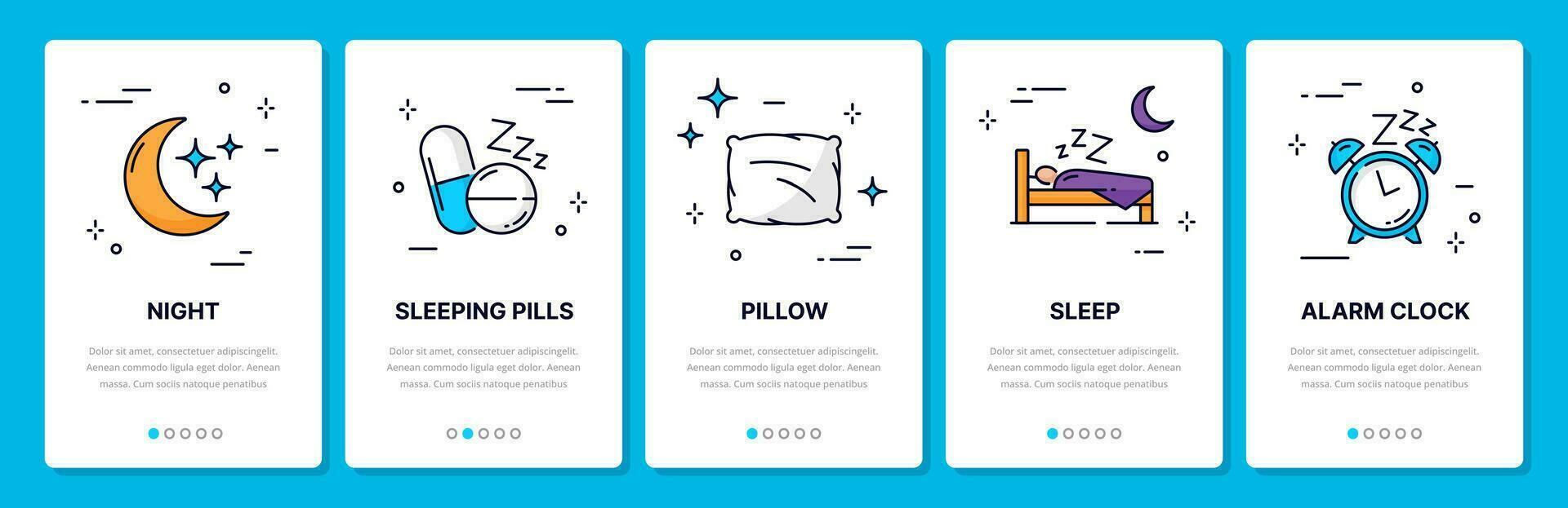 Schlaf Linie Symbole, Handy, Mobiltelefon App Onboarding Bildschirm vektor