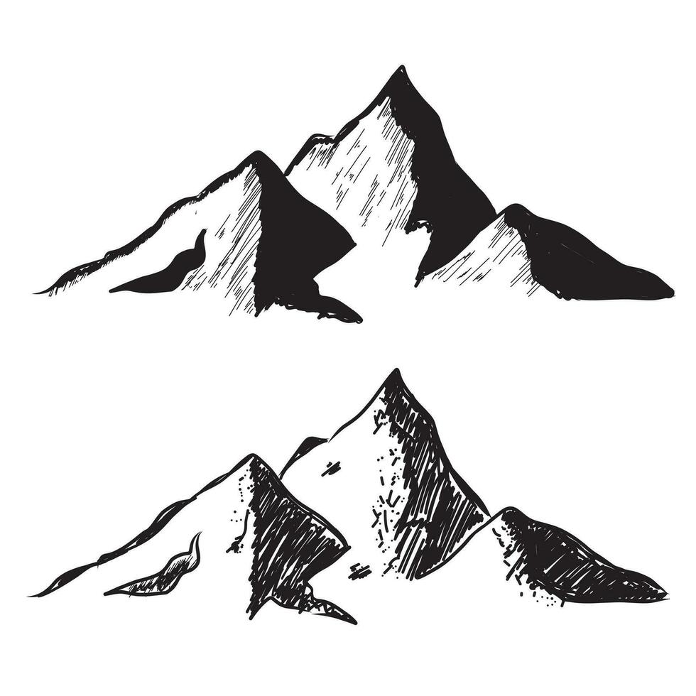 bergen uppsättning. hand dragen klippig toppar. vektor illustration.