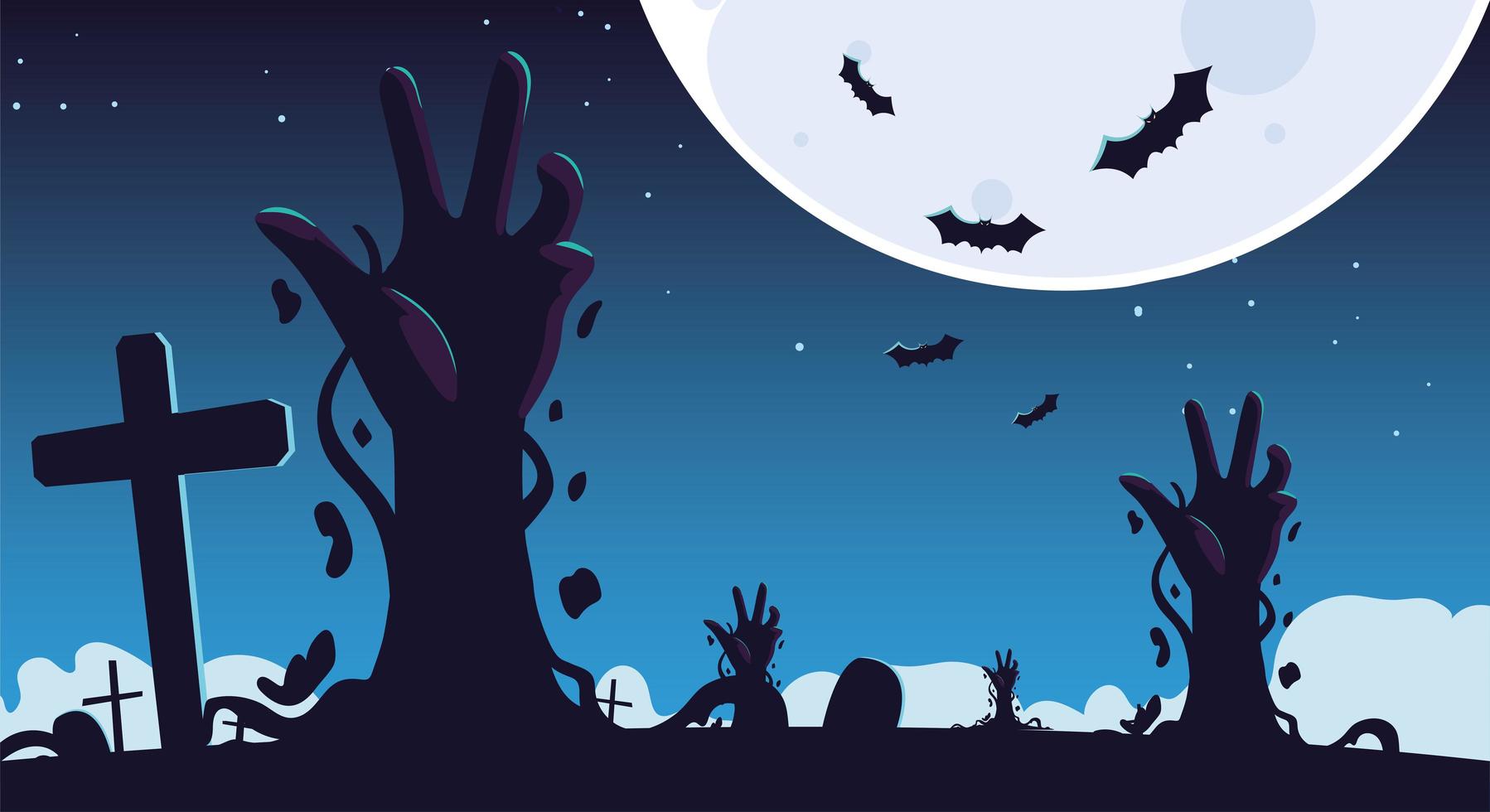 Halloween-Hintergrund mit Zombiehänden auf Friedhof und Vollmond full vektor