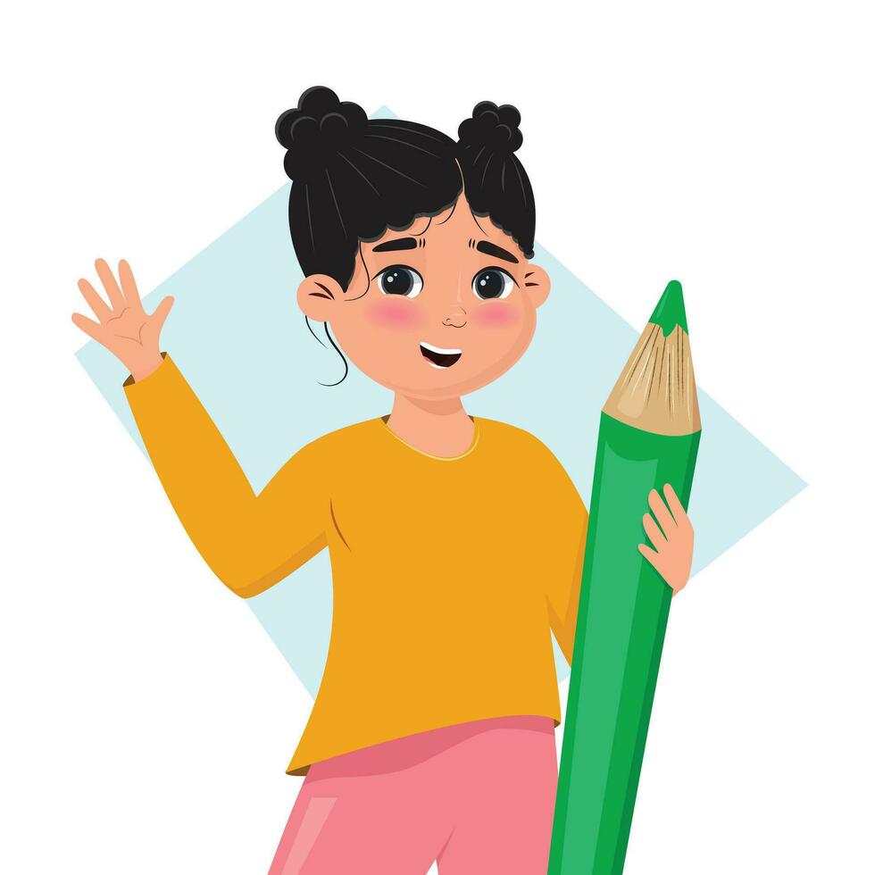süß Mädchen halten ein groß Grün Stift und Gruß. vektor