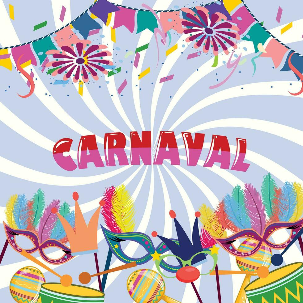 mall för brasiliansk karneval med maracas, masker, trummor och konfettis. vektor
