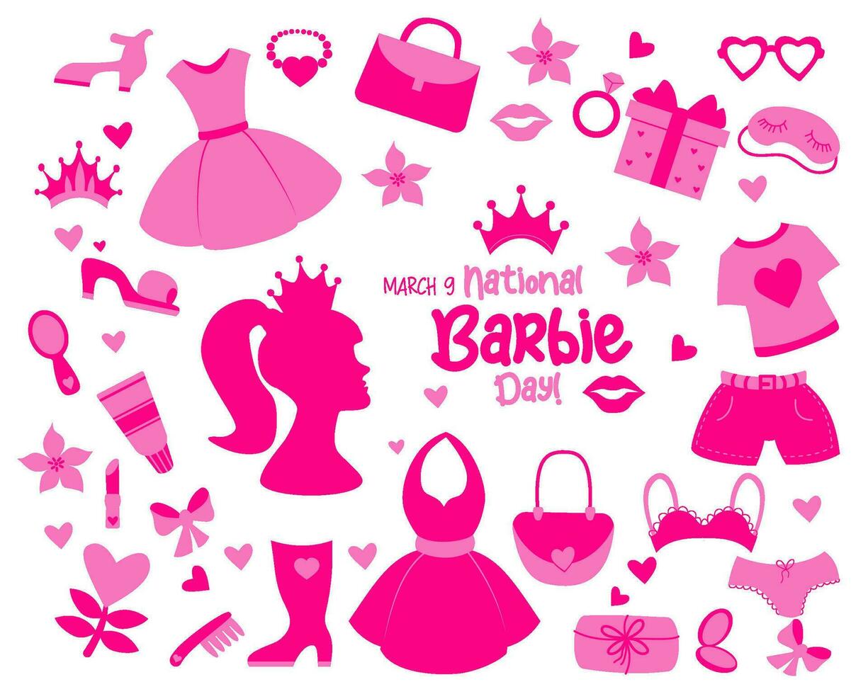 National Barbie Tag März 9. nostalgisch Rosa Barbiecore Sammlung. Vektor Illustration. glamourös Elemente Zubehör zum Mädchen Prinzessin. isoliert Silhouette zum modisch Design.