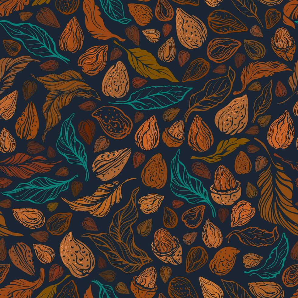 nötter sömlös mönster vektor spannmål, löv, skog