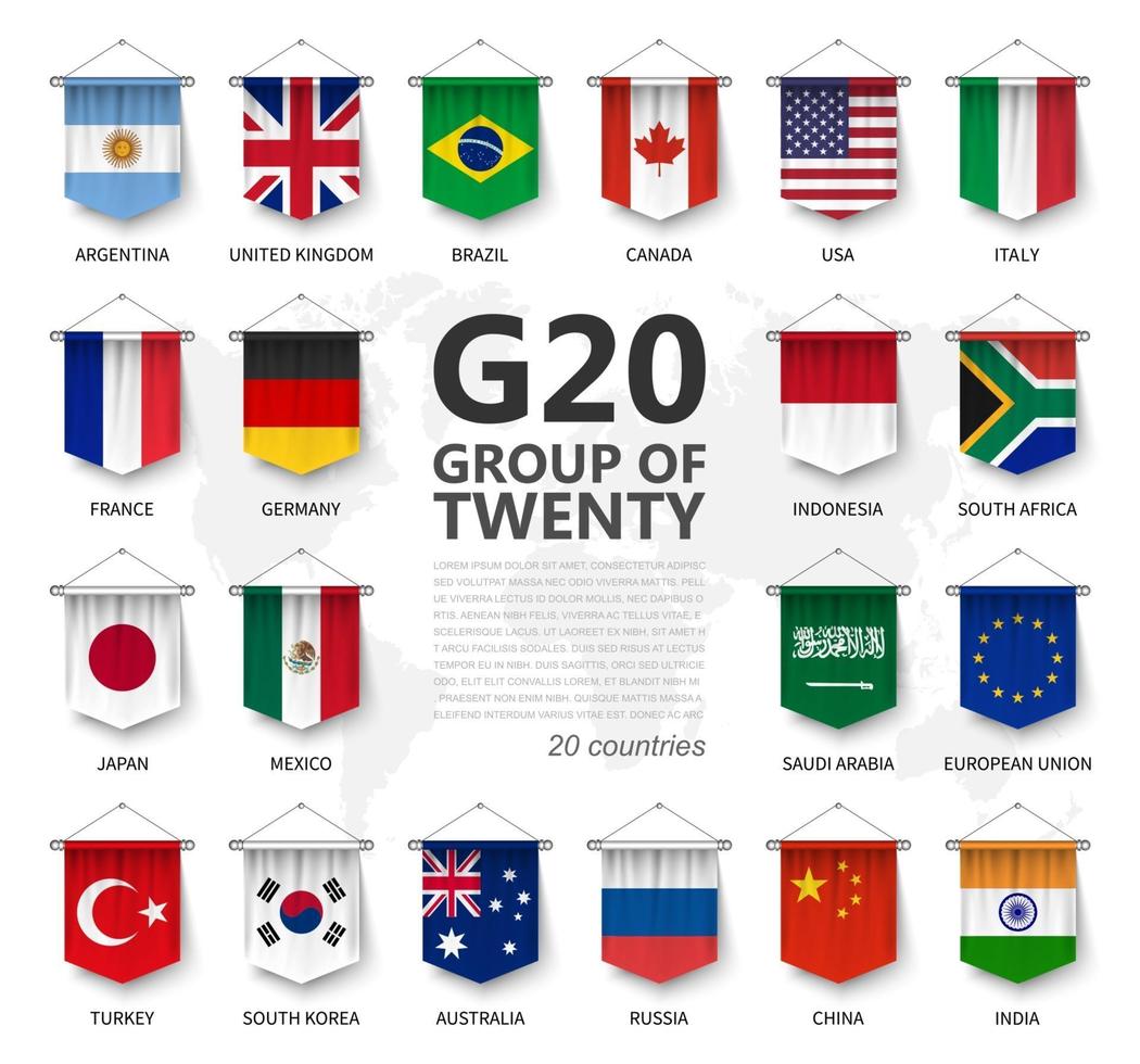 g20. grupp av tjugo länder och medlemskapsflagga. internationell sammanslutning av regeringsekonomiska och finansiella. 3D realistisk vimpel hängande element design. vit isolerad bakgrund. vektor