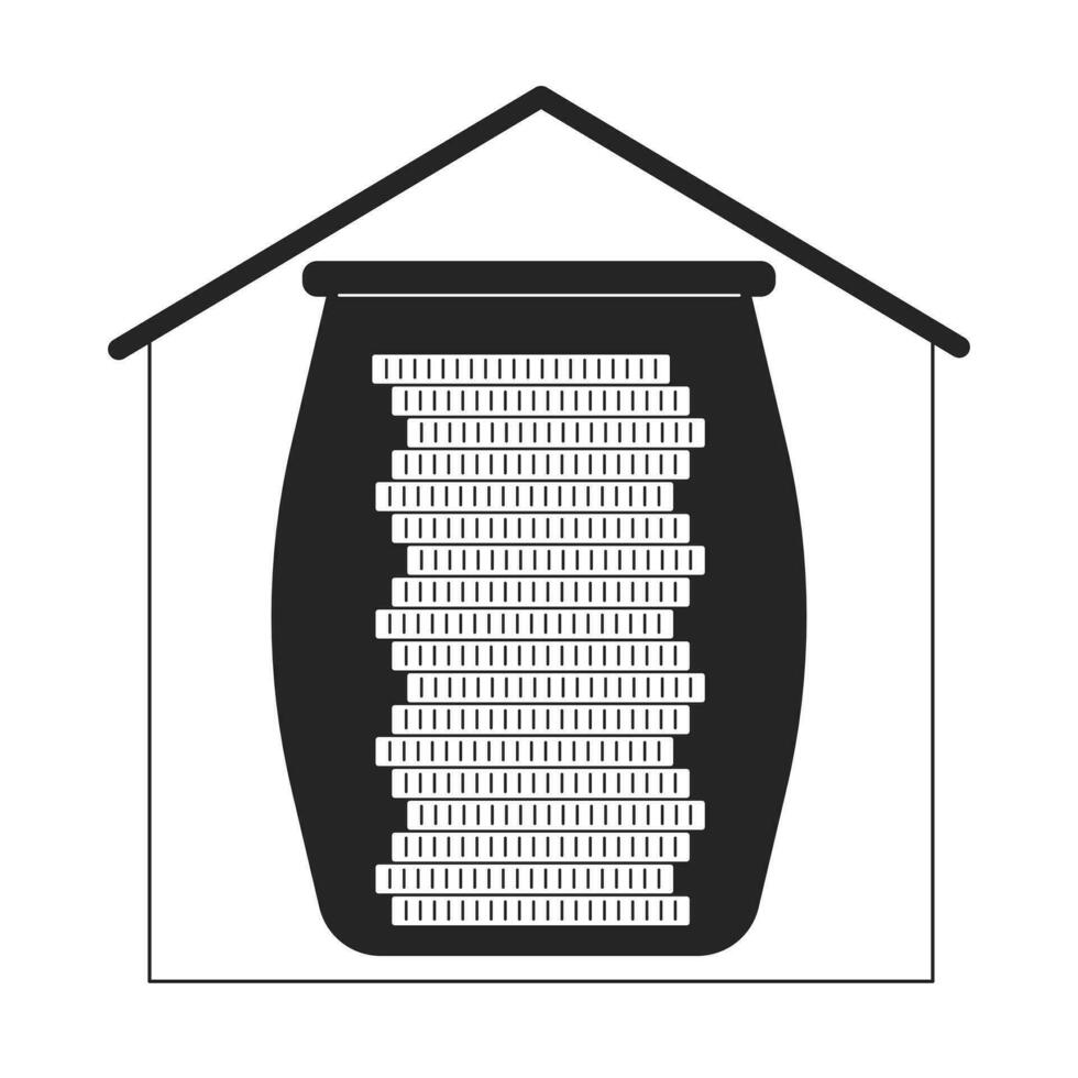 sparande i glas burk platt svartvit isolerat vektor objekt. massa av gyllene mynt. pengar ackumulation. redigerbar svart och vit linje konst teckning. enkel översikt fläck illustration för webb grafisk design