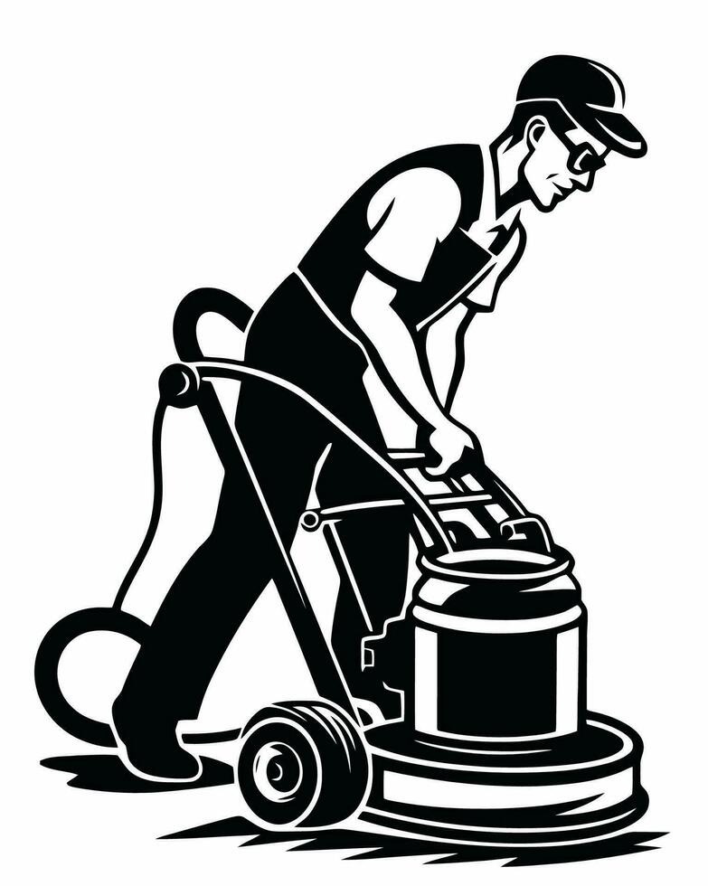 ein Mann mit ein Vakuum Reiniger zu sauber das Fußboden vektor