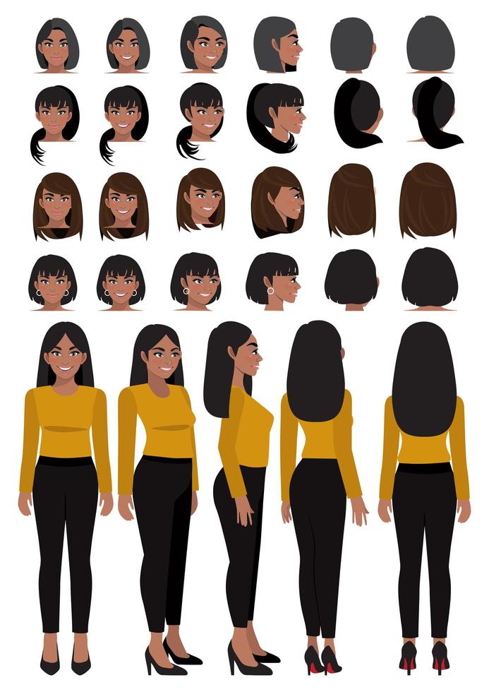 afroamerikanische Geschäftsfrau-Cartoon-Figur in Freizeitkleidung und unterschiedlicher Frisur für die Animationsdesign-Vektorsammlung vektor