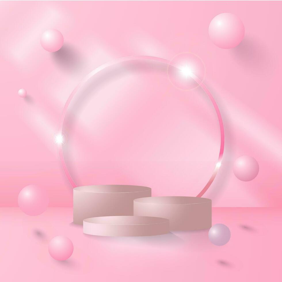 mjuk rosa studio bakgrund med 3 pallplatser och flytande bubblor. rosa mall. vektor