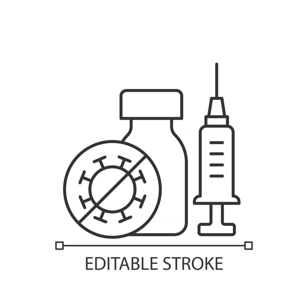 covid vaccination linjär ikon. immunisering mot koronavirus. behandling av infektionssjukdomar. tunn linje anpassningsbar illustration. kontursymbol. vektor isolerade konturteckning. redigerbar stroke