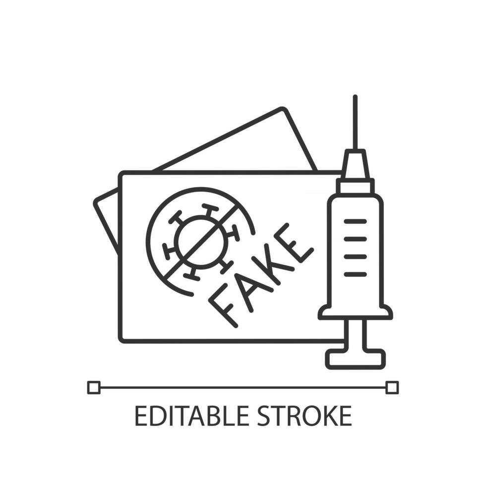 gefälschte Impfkarte lineares Symbol. falsches Coronavirus-Zertifikat. fabrizierter Reisepass für Impfstoffe. dünne Linie anpassbare Illustration. Kontursymbol. Vektor isolierte Umrisszeichnung. bearbeitbarer Strich