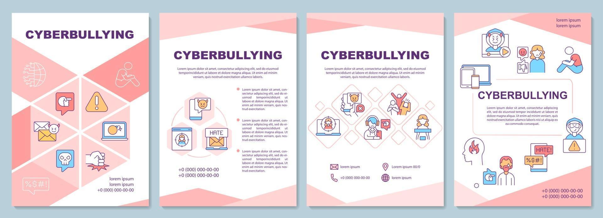 Cybermobbing-Broschürenvorlage. Online-Bedrohungen. Cyber-Belästigung. Flyer, Broschüre, Broschürendruck, Cover-Design mit linearen Symbolen. Vektorlayouts für Präsentationen, Geschäftsberichte, Anzeigenseiten vektor