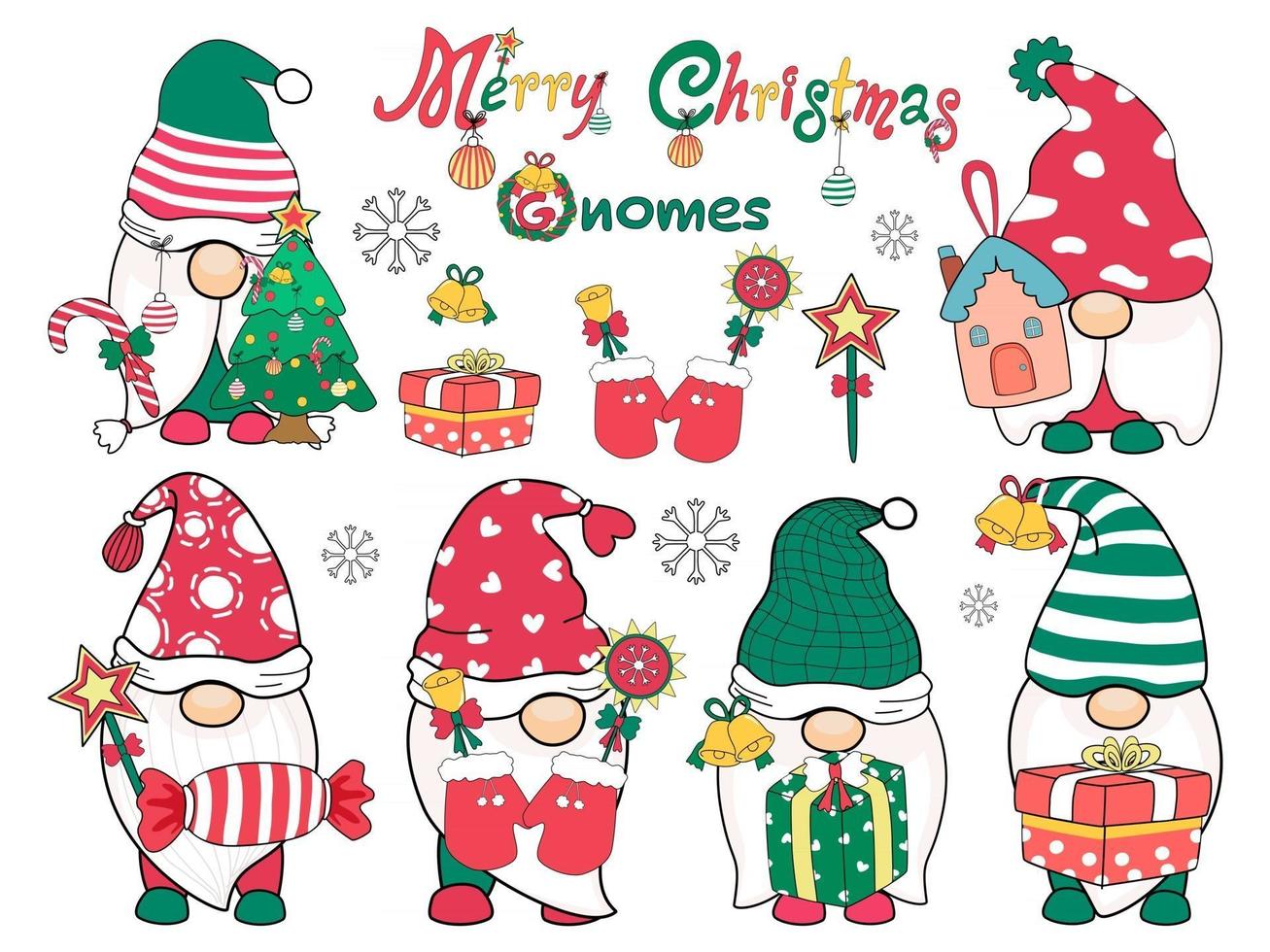 Frohe Weihnachten-Gnome im Doodle-Stil. es kann an verschiedene Anwendungen wie Hintergründe, Einladungskarten, Digitaldruck-T-Shirts, Design-Aufkleber, Basteln, Tassen DIY und mehr angepasst werden vektor